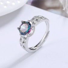 Anillo Ajustable Piedra Cristal Redondo Plata de Ley 925 Mujeres Niñas Joyería Regalo