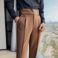 Hombre Vestido Pantalón Retro Cintura Alta Pantalón Recto Estilo Francés Botón Informal Pantalón