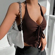 2025 Nuevo Mujer Sexy Cuello Colgante Sin Espalda Corto Moda Chaleco Top