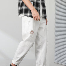 Hombres Informales Sueltos Sólidos Harén Pantalones Rasgados Recortados Pantalones Jeans Moda Botón