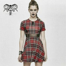 Vestido corto a cuadros punk para mujer con cinturón cadena extraíble vestidos manga corta