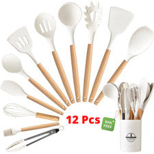 12 Utensilios Cocina Silicona Madera Antiadherente Resistente Calor Olla Alma...