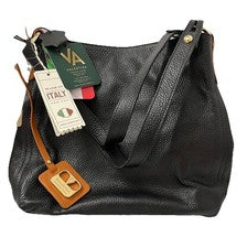 NUEVO CON ETIQUETAS VALENTINA Mujer Guijarro Cuero Suave Hobo Bolso-Negro-Acentos Dorados-ITALIA