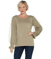 Blusa de punto con cuello redondo Du Jour con mangas de malla - Oliva claro para mujer pequeña