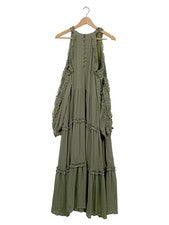Maxivestido CLAIRE LUISE volantes hombro frío oliva talla L boho verano