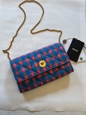 Versace Mujer Medusa Azul y Rosa Cuero y Lana Bolso de Mano con Cadena Dorada Italia