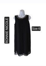 Vestido negro de gasa línea A de moda para mujer Ronnie Nicole cuello redondo pedrería...