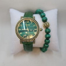 Reloj Ecclissi de cuero con piedras preciosas de malaquita con pulsera elástica, promedio