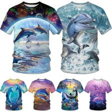 Linda Camiseta Delfín Manga Corta Impresa en 3D Verano Hombre Moda Informal Prendas para el torso