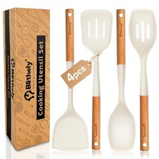Juego de 4 utensilios de cocina de silicona blanca espátula grande mango de madera