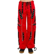 Moda Pantalón Rojo Gótico y Correas Negras Cremallera Metal Cadenas Punk Rock Pantalones