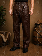 Pantalón de cuero genuino de cocodrilo marrón hecho a mano para hombre