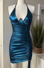 Moda Boutique Mujer Azul Metálico Halter Acanalado Fiesta Mini Vestido