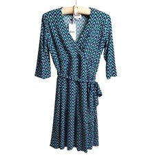 NUEVO Vestido Leota Para Mujer PEQUEÑO Azul Chevron Cuello en V Imitación Envolvente Hasta la Rodilla - CJ