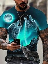 Camisetas Lobo de luna azul verde azula Gráfico Moda Novedad Hombres Manga corta