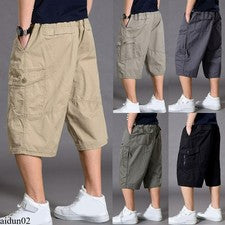 Pantalones cortos cargo holgados informales de algodón lisos talla grande para hombre de 3/4 de longitud.