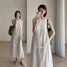 Vestido largo chino bordado sin mangas cuello redondo falda larga para mujer verano