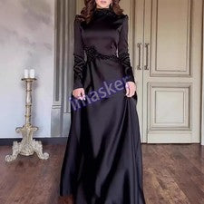 Primavera Verano Moda Negro Noche Fiesta Vestido Mujer Manga Larga Vestido de Baile Talla