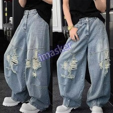 Moda Para Hombres Pantalones de mezclilla holgados Pantalones de mezclilla desgastados Sueltos Pantalones informales de 