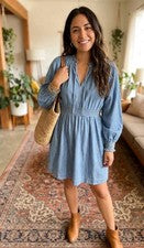 Antiguo Mini Vestido Boho Para Mujer Azul Marino Denim Calado Manga Larga Talla Grande Nuevo