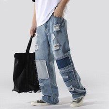 Pantalones de mezclilla rectos de moda clásicos para hombre desgastados sueltos hip hop informales
