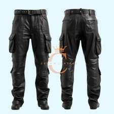 Pantalón clásico calce ceñido de cuero de cordero causal estilo bolsillos holgados negros para hombre