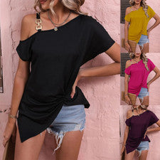 Camiseta Top Para Mujer Nuevo Estilo Un Hombro Botón Manga Corta