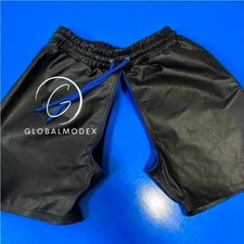 Pantalones Cortos de Cuero Negros para Hombres Azul Rayas Cremallera Frontal Estilo Atlético Pantalones Cortos Personali