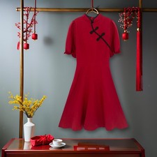 Mujer Vestido Midi, Trendy, Suave Vestido Mangas Abullonadas, Cuello Mandarina,