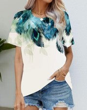 Blusa Camiseta Mujer Turquesa Pavo Real Pluma Moda Manga Corta Sedoso Suave