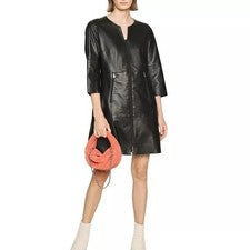 Vestido para mujer negro de cuero genuino hecho a mano de moda elegante informal