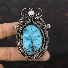 Colgante Árbol de la Vida Envuelto Alambre Madre Cobre Larimar 3.15"