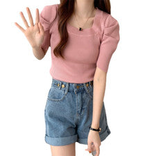 Prendas para el torso de manga corta cuello cuadrado corto ajustadas informales de moda para mujer