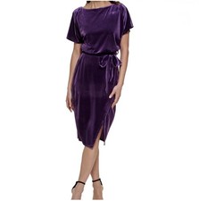 Vestido midi Kenzie de terciopelo con cuello de barco y cinturón púrpura berenjena XS ¡NUEVO!
