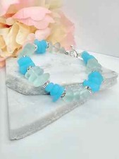 Brazalete de plata de vidrio marino azul aguamarina y cielo regalo para amantes de la playa playa playa