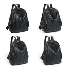 Mochila de hombro de cuero PU negra para mujer vintage informal de gran capacidad