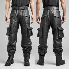 Pantalones negros de cuero de cordero genuino para hombre estilo cargo pantalón motociclista ciclista