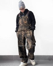 Mono con tirantes de leopardo multibolsillo de moda de calle retro americano para hombre