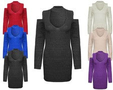 Nuevo Damas Mujeres Tejido Hombro Frío Cuello Jersey Top Suéter Vestido Corto