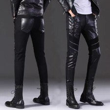 Pantalones ajustados de cuero sintético para hombre calce ajustado pantalones de motocicleta club nocturno pantalones in
