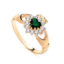 Anillo CLADDAGH irlandés esmeralda simulado oro amarillo de 9 quilates sobre plata talla J a U
