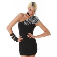 Elegante minivestido de un hombro con flor decorativa negro #MK1974
