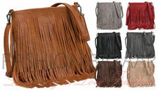Bolso bandolera mediano de cuero sintético con flecos y borlas para mujer
