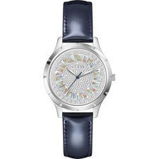 Reloj GUESS para mujer glamour cuarzo cuero azul plata esfera pavé 36 mm
