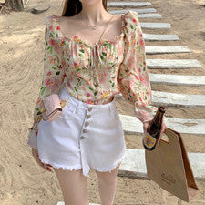 Blusa Camisa Para Mujer Moda Francesa Elegante Volantes Dulce Cuello en V Pequeña Floral