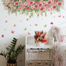 Pegatina de pared PVC floral rosa flor mariposa calcomanías decoración para dormitorio hogar hágalo usted mismo