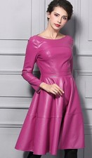Mujer Hecho a Mano Piel de Cordero Cuero Vestido Rosa Cuero Vestido Estilo