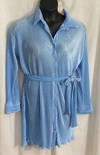 mujer Moda Azul Claro Vestido Plisado Talla Grande Botón Delantero Mangas Largas