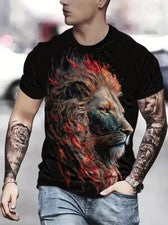Camiseta Negro Rojo Cabeza De León Novedad Moda Manga Corta Hombres Camisetas