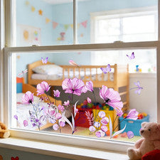 Calcomanía adhesiva estática púrpura patrón floral mariposa para decoración de oficina en casa